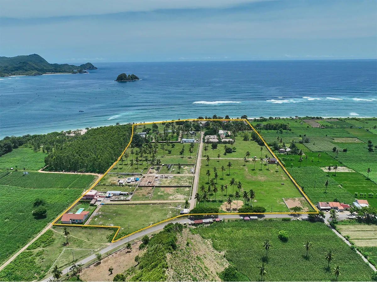 aerial drone photo of coastal land plot for sale facing Gili Trawangan Meno and Air islands Lombok